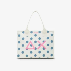 New Borsa mare in canvas di cotone a pois bianco panna e avio scuro Donna Accessori Donna|Borse
