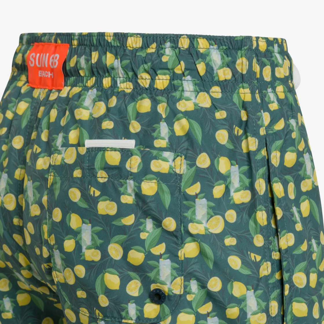 Online Boxer mare in nylon stampato verde scuro e giallo limone Costumi Bimbo