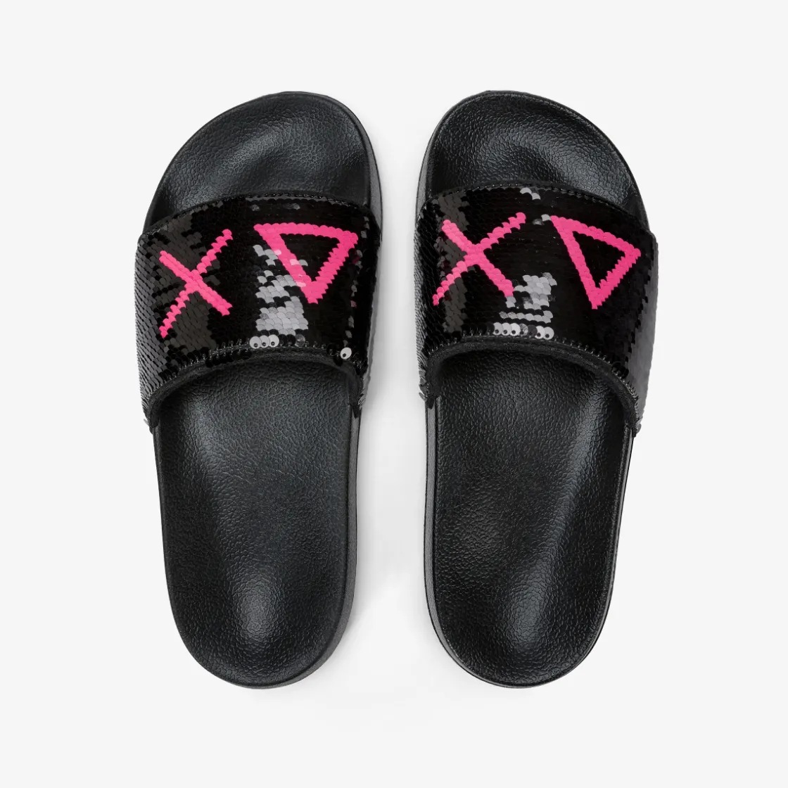 Clearance Sandali slide in PU con paillettes nere e fucsia fluo Donna Ciabatte|Accessori
