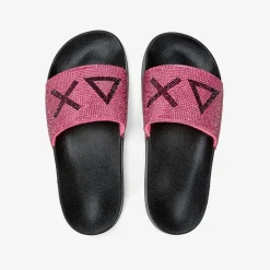Outlet Sandali slide in PU nero e fucsia fluo con strass Donna Ciabatte|Accessori